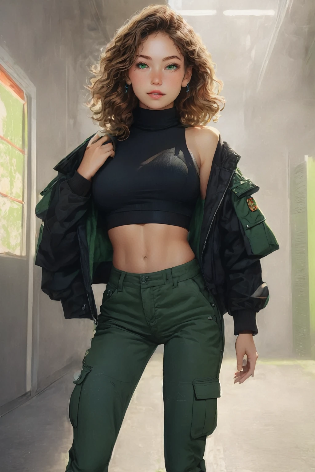 ((best quality)), ((artwork)) Sex/Gender= Female Nationality= German Ethnicity= White Age= 24 Hair= Light Brown, wavy, tousled, short Eyes= Almond-shaped, green, with long lashes Body= 5′6", 168 cm Average. Busty, , athletic and slim build Face= Oval-shaped, thin brows, button nose and full lips Features= Fair skin, mischievous and sloppy appearance Outfit= Green tactical pants, cropped turtleneck shirt, black bomber jacket, combat boots Landscape= dark corridor