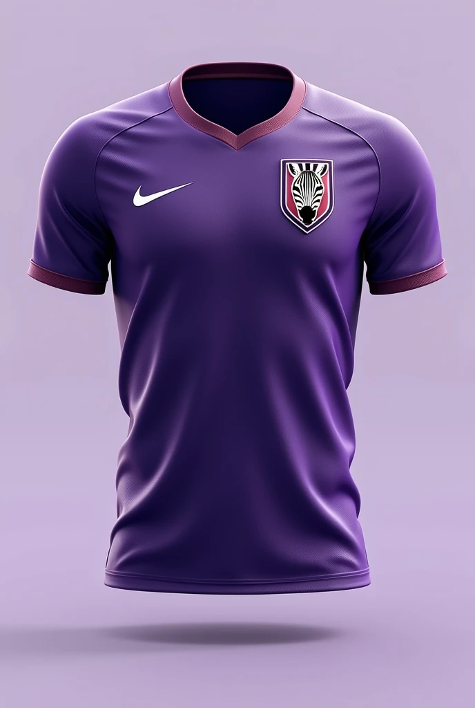 Create a new soccer jersey, that the main color purple, and with a shield that has a zebra, The shield must be circular in shape, minimalists