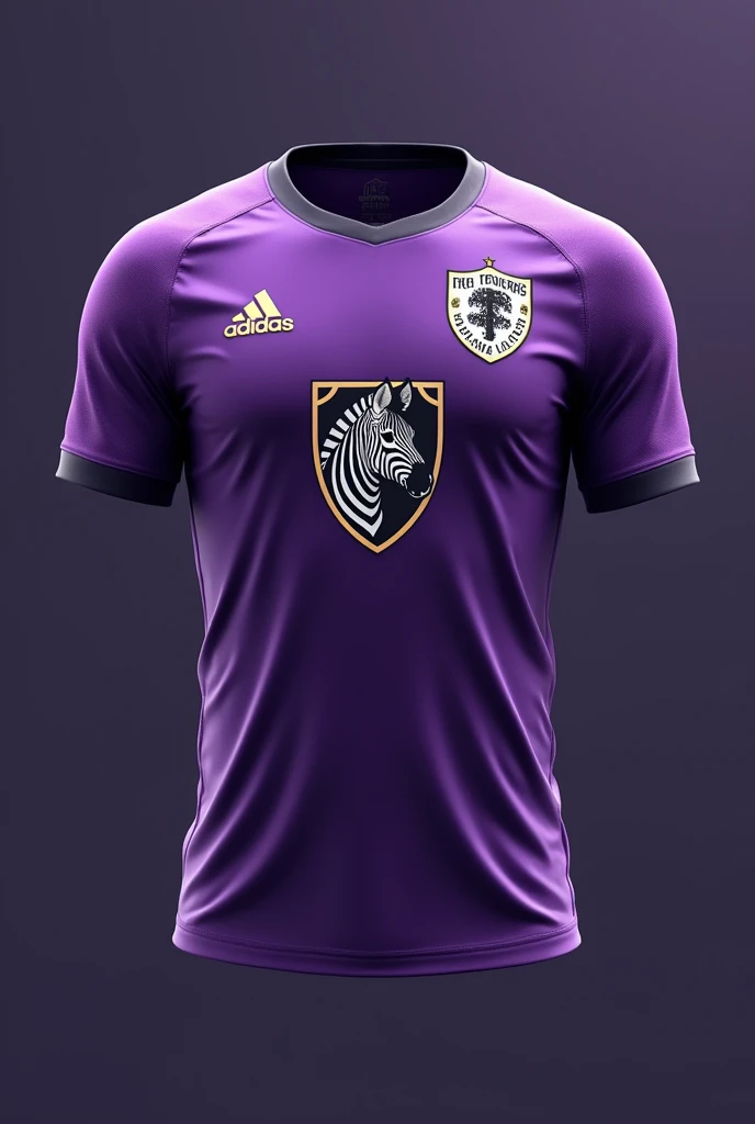 Create a new soccer jersey, that the main color purple, and with a shield that has a zebra, The shield must be circular in shape, minimalists