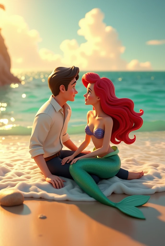 A 3d animated picture of Ariel and Prince Eric sit on a sunlit seashore, the gentle waves lapping at their feet. Ariel, in her shimmering green tail and seashell bra, glows with an otherworldly beauty as her red hair flows around her like a fiery halo, sitting on the beach. Prince Eric, dressed in his classic white shirt and navy trousers, gazes at her with deep affection. They are framed by a tranquil, azure sea and a sky streaked with golden hues, creating a serene and romantic moment where the land meets the sea.