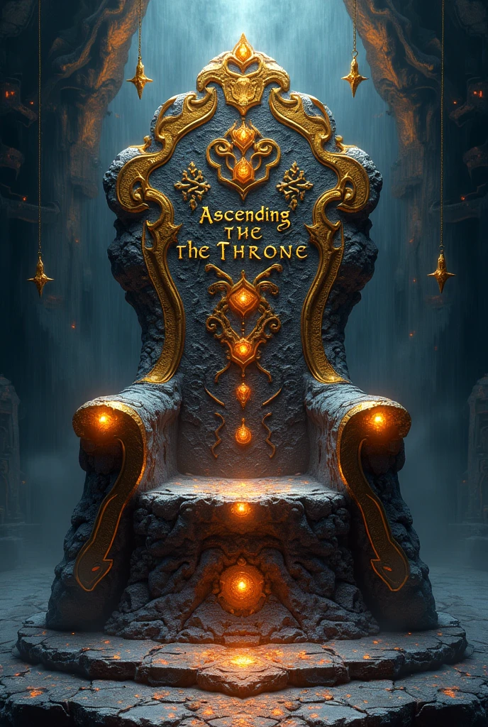 A book cover.
The title will be: Ascending the Throne. It will be centered at the top and written in gold..
In the center of the cover you will see a throne made of volcanic rock and precious stones embedded around it..
Below in the center will be the name of the author which is: Juan Aldana. Also written in golden letters.
It is important, The title of the book must be in Latin Spanish.