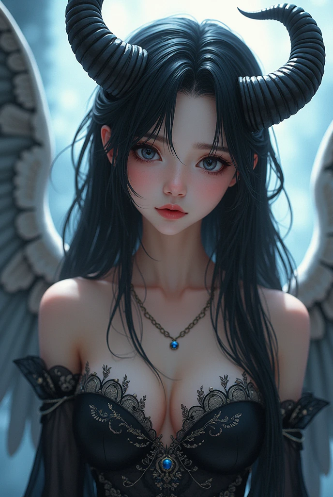 Ultra-high resolution, Clear face, (Reality: 1.4), perfect lighting,(photorealistic), anime wallpaper, Guviz style artwork, fantasy to magic cover, beautiful artwork illustration, beautiful digital artwork, beautiful digital illustration , beautiful portraits, illustrations, delicate and beautiful, highly detailed, fine details, official art, highly detailed unity 8k CG wallpapers, highly detailed, high resolution, highly detailed, highly detailed eyes and faces, beautifully detailed eyes, cinematic lighting,1girl, solo, long hair, black hair, Twin horns, dress, black dress, wings, standing, (upper body), anime:1.5,
