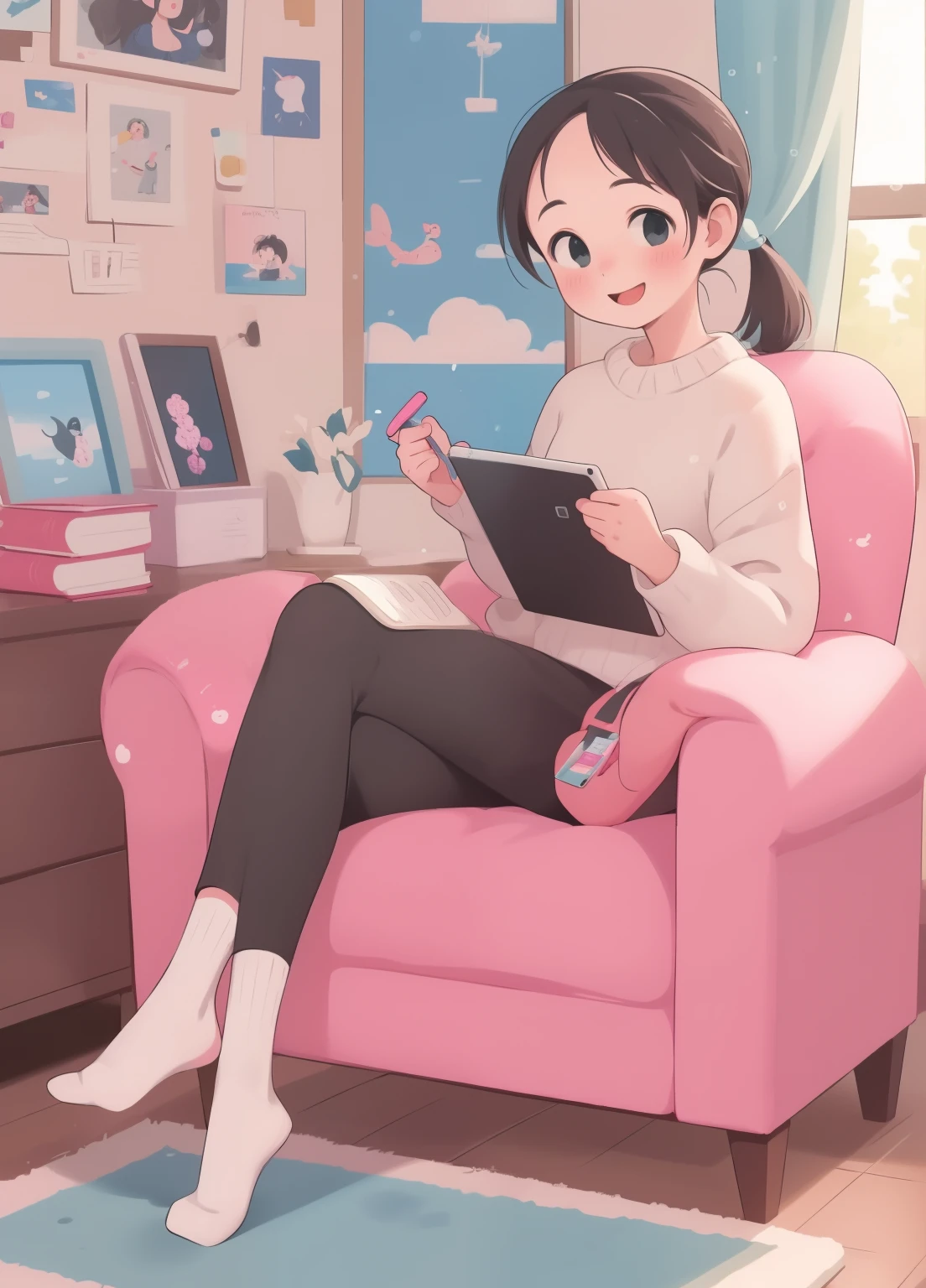 (masterpiece、最high quality、最high quality、Official Art、Beautiful and beautiful:1.2)、(One girl:1.3)Hatsune Miku、Twin tails,Beautiful breasts, Katsushika Hokusai,((masterpiece, 最high quality, high quality, 8k, High resolution, Very detailed)), Official Art, Perfect Anatomy, Vivid saturation, One girl, とてもcute, cute, Black Hair, ponytail, Sitting in a chair, Study on a tablet, smile, Open your mouth, cuteパジャマを着て, Putting on socks, In the study room, Daytime, Warm sunshine, smartphone, laptop, Wall Clock, Coffee Mugs, stuffed toy, hand mirror, Pouch, Book, magazine, pen holder, View your viewers