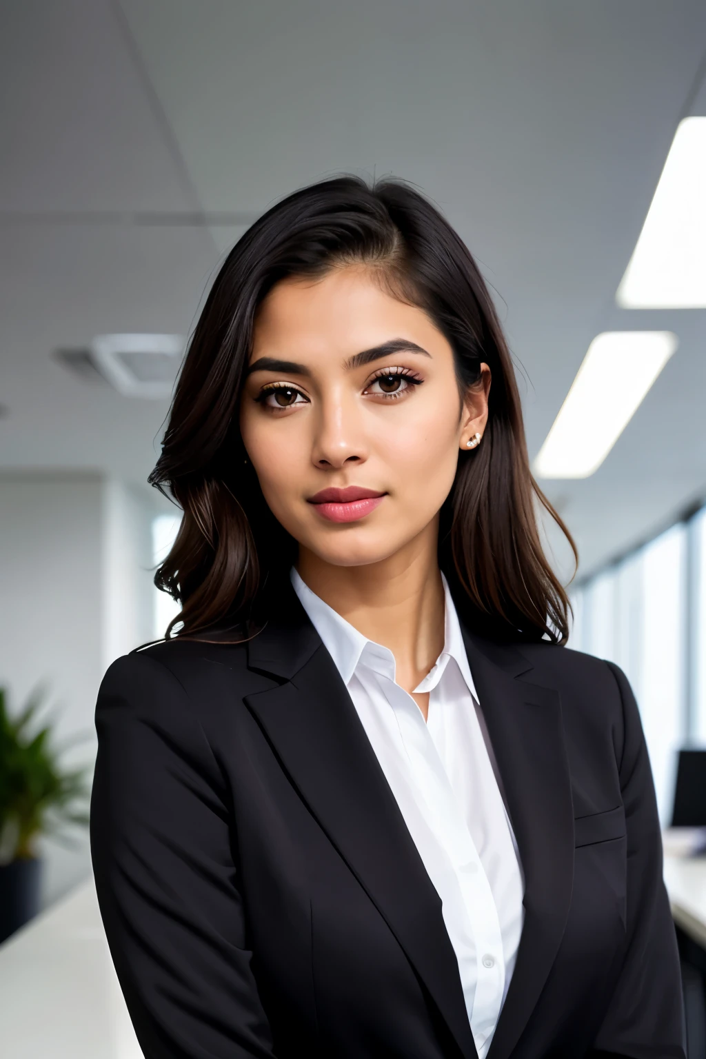 realistic portrait of an extremely beautiful Salvadorean woman wearing a business suit, lawyer girl, beautiful detailed eyes, beautiful detailed lips, extremely detailed face and eyes, long eyelashes, realistic, photorealistic, high quality, 8k, detailed, masterpiece, studio lighting, vivid colors, 1 girl, full body shot, professional, flawless pose, elegant, confident, poised, serious expression, brown skin, brown eyes, dark hair, businesswoman, corporate attire, office interior background