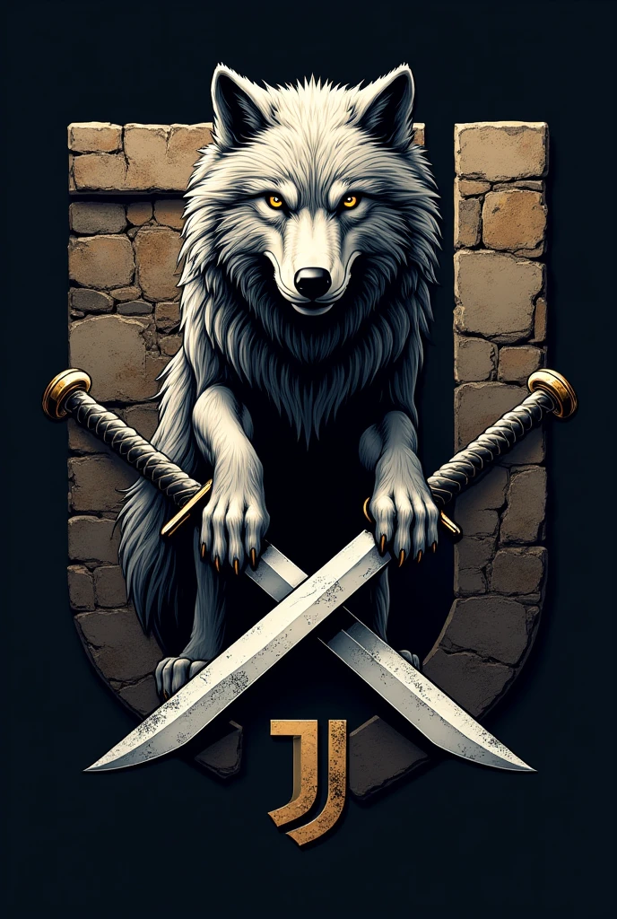 I want to create a logo , of a wolf stepping on a baseball bat broken into two pieces, in the back the path of swords , and behind a stone wall with the J of the Juventus football team