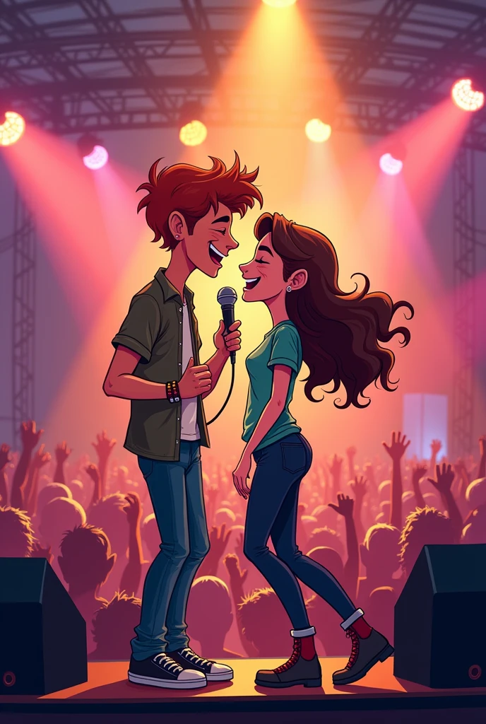 Cartoon of a tall white boy with long red hair and a short brunette girl with long hair at a rock concert singing together in love
