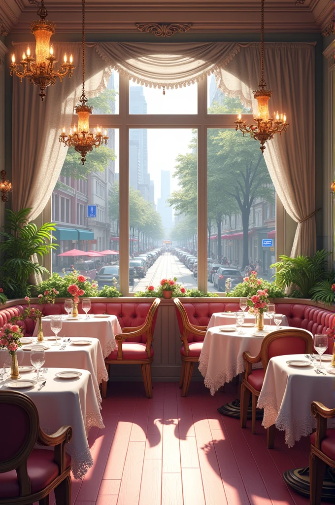 The interior of a maid cafe in the city、Western-style room with a view of the outside from the window