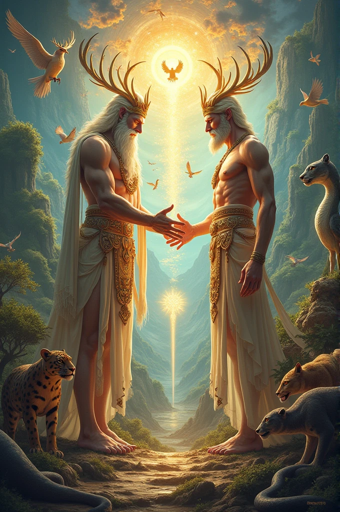 Two gods creating animals (deer, birds, jaguars, Snakes, etc)