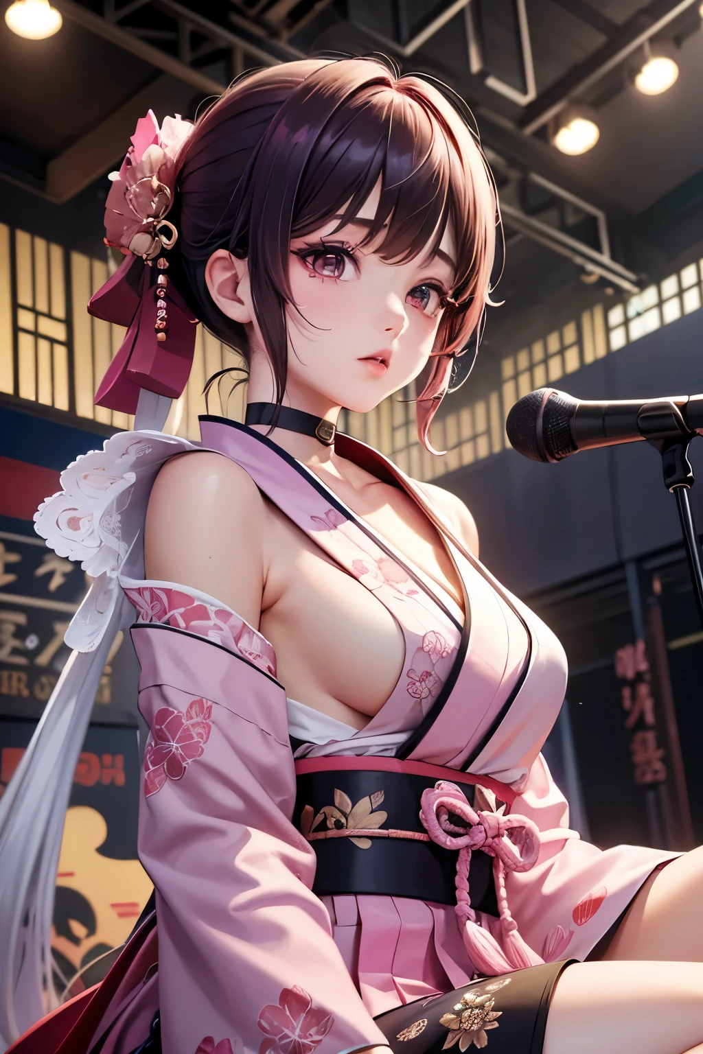 masterpiece, best quality, very detailed, high resolution, expensive resolution, high resolution, 4K, 8k, Unity 8k wallpaper, highly detailed CG, masterpiece, 2D, 3D, beautiful details, depth, fine texture, best quality: 1.3, perfect focus, crispy skin, he,
Very cute anime girl, girl playing guitar vocals in a band wearing a Japanese fancy floral haori hakama, on outdoor stage, full body, expensive pink and black short twin tail hair, mole under eye, looking at the viewer, expensive, blush, mole, lips open, , heart choker, pink eyes, guitar vocals, stage