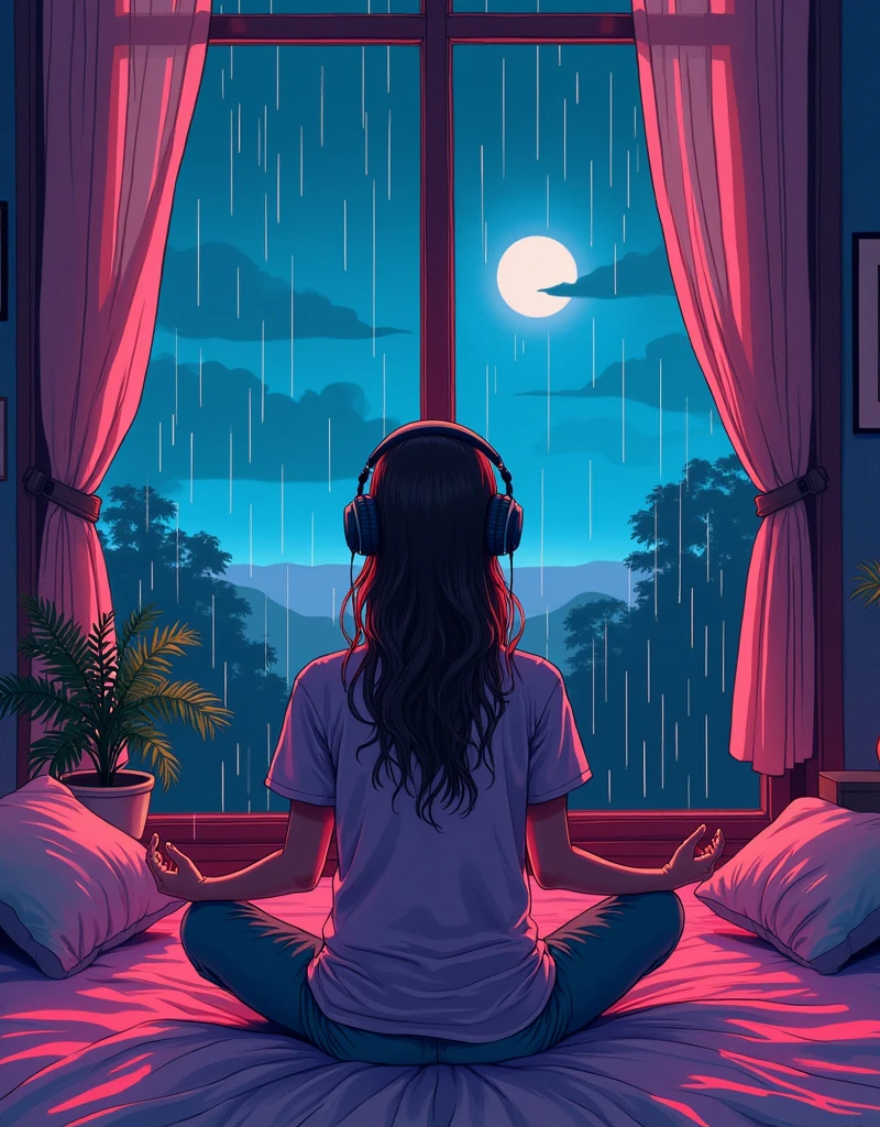 European hippie girl meditating in her room, dream, Wear headphones, night lighting, Neon scenery on a rainy day, Analog Color Theme, Lo-fi hip hop , review, flat, 2.5D ,Draw a line, Ink painting, Large slope, Watercolor, Goosh Colors, Studio Ghibli Style, Great colorful, Outerton, Krautlock, Lofi Art,  70s style,Old Texture, amplitude,Psychedelic atmosphere, masterpiece, Great technology,