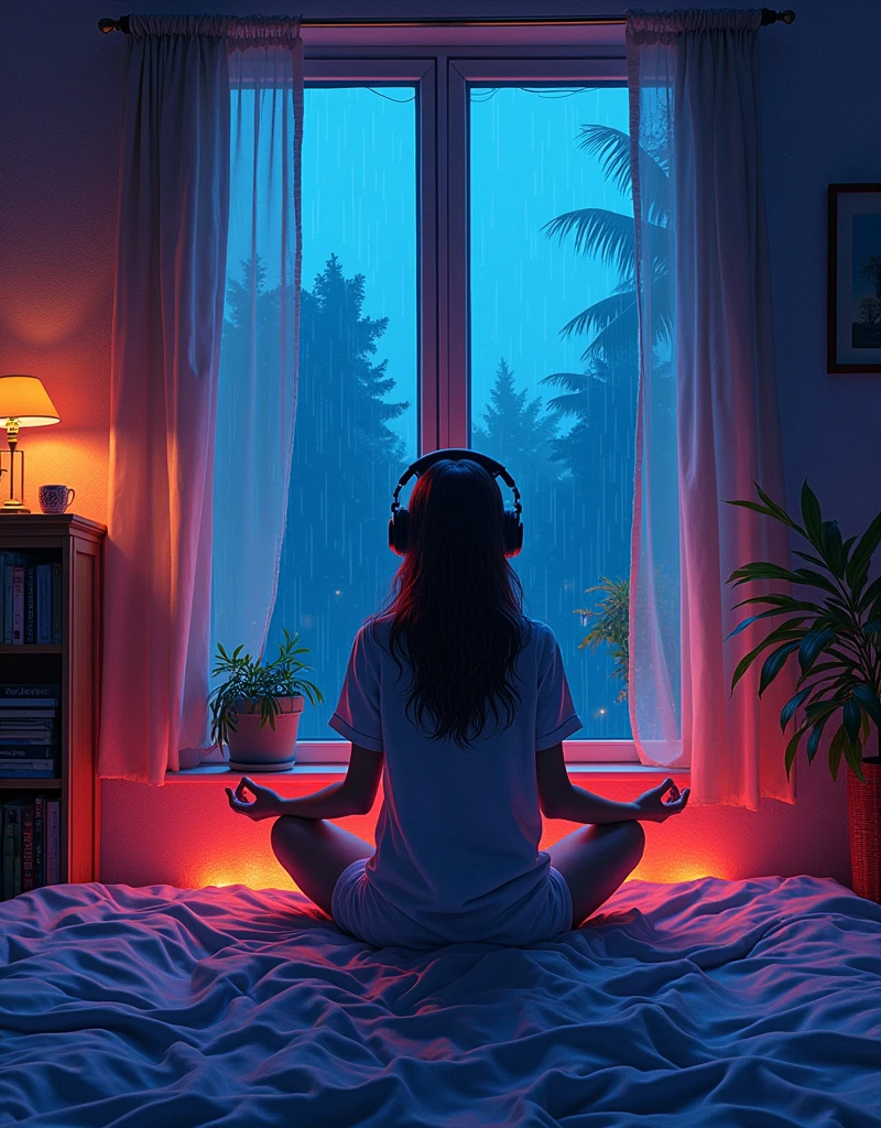 European hippie girl meditating in her room, dream, Wear headphones, night lighting, Neon scenery on a rainy day, Analog Color Theme, Lo-fi hip hop , review, flat, 2.5D ,Draw a line, Ink painting, Large slope, Watercolor, Goosh Colors, Studio Ghibli Style, Great colorful, Outerton, Krautlock, Lofi Art, 70s style,Old Texture, amplitude,Psychedelic atmosphere, masterpiece, Great technology,