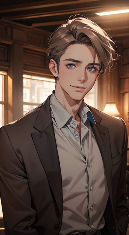 a mature man with short grey Brown hair, blue eyes, 34 years, and a perfect face, smiling in love, CEO, cinematic lighting, 1:4 HDR image, top view, ultra detailed, best quality, masterpiece, 8K, photorealistic, beautiful image