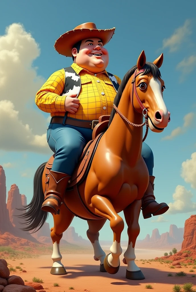 Woody riding the Toy Story horse in Botero style, exaggerated, very fat, too fat