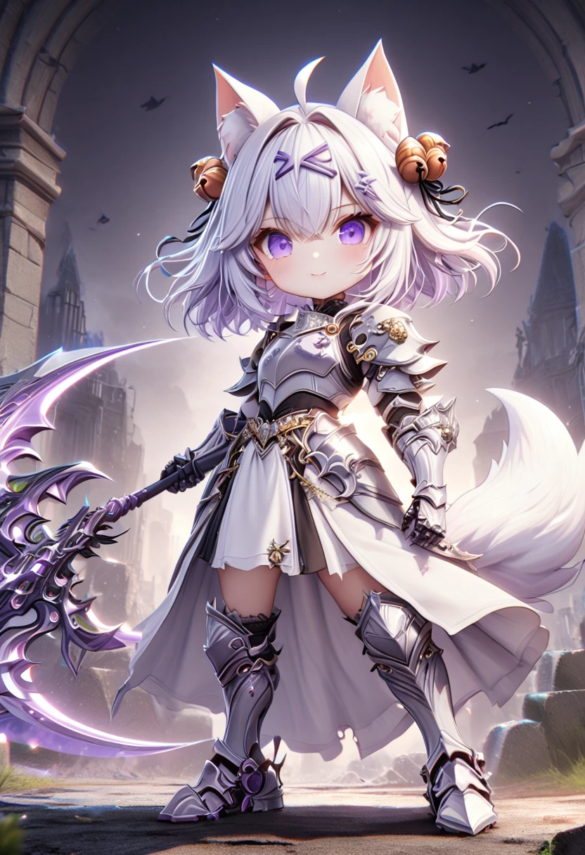 master piece, best quality, ultra-detailed, illustration, 1girl, solo, chibi, (big head), cute pose, front view, looking at viewer, ((full body Close up)), filian, filianoverall, Filiansailor, ((white hair)) , short hair, shoulder length hair, fly-away hair, bangs, hairclip, purple hair ornament, cat ears, (hair bell:1.3) ahoge, purple eyes, closed mouth, smiling, (white fox tail), (knight outfit), knight's armor, metal breastplate, armored gloves, wielding scythe , GLOWING WEAPON , metal greaves, armored boots, battlefield, gloomy atmosphere, broken castle, broken walls, ruins