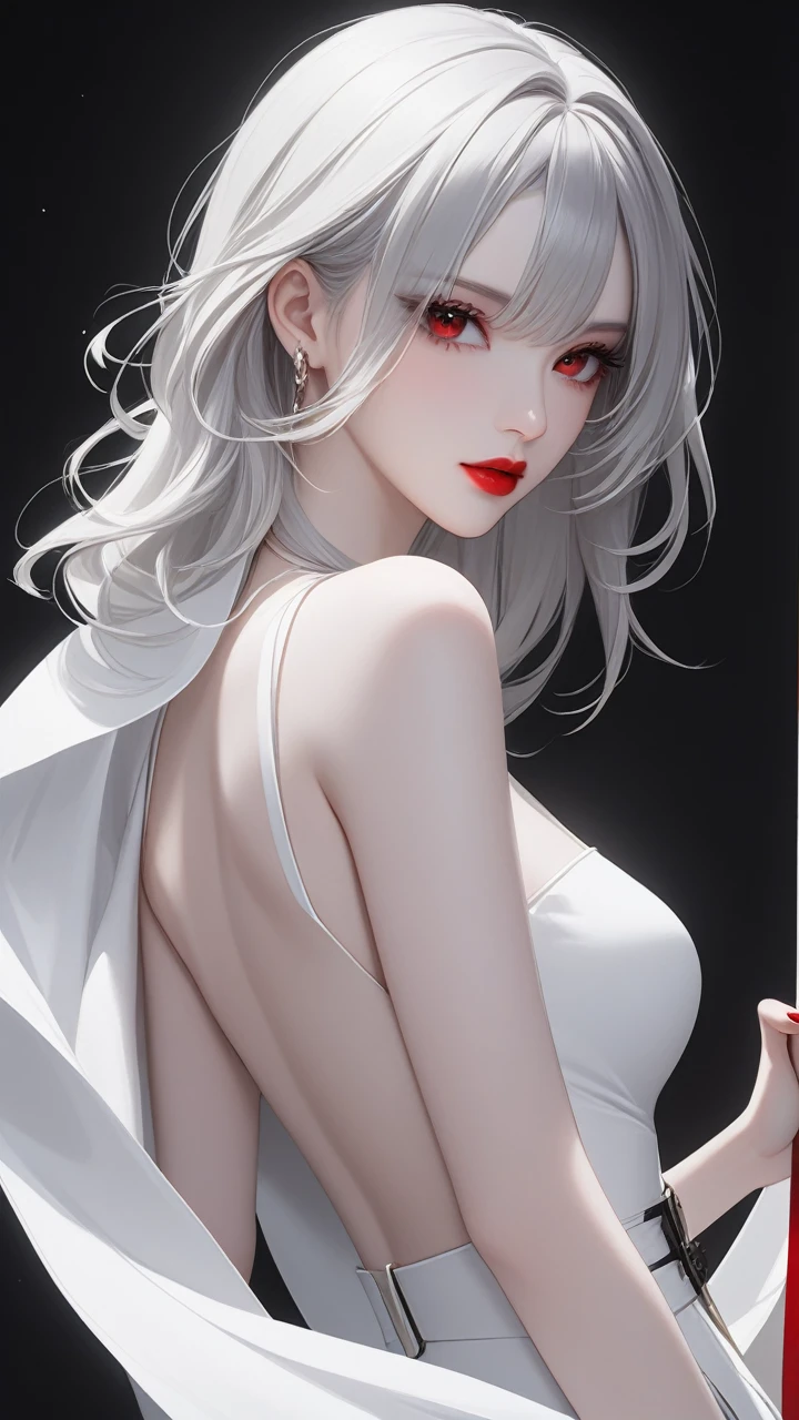 highest quality、masterpiece、1 girl、black background、gray hair:1.5、red eyes、red lips、white clothes、Black and white world、Black and white world、pale skin、side blade