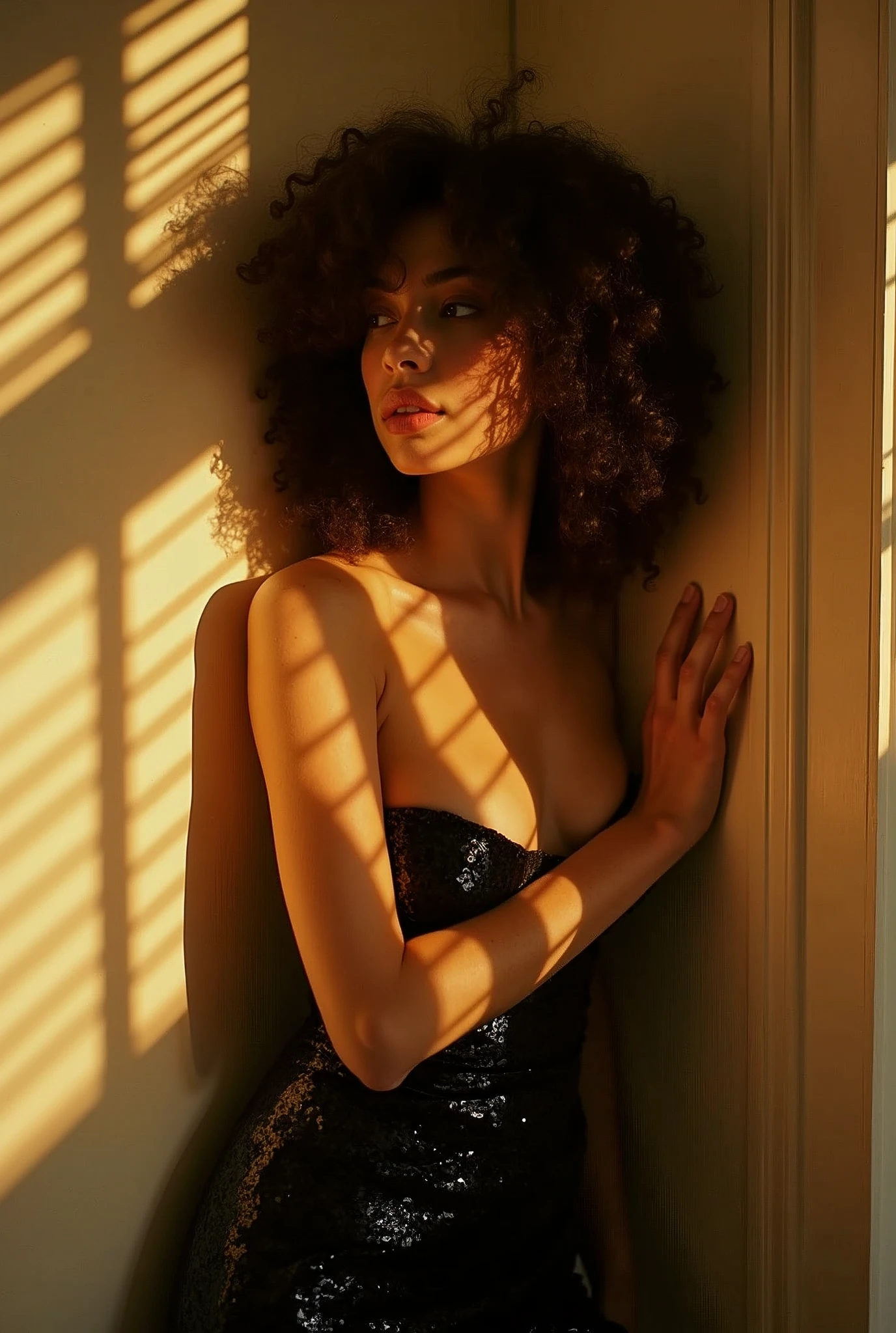 [High-resolution editorial fashion photography], [White female model with voluminous, curly hair, soft features, and natural makeup], [sparkling black sequin dress with a deep neckline], [indoor setting with warm golden light streaming through window blinds, casting patterned shadows on the model and surroundings], [dramatic, dappled lighting creating an intense, almost cinematic mood], [side profile pose, with the model's face and body partially illuminated by the sunlight, hands gently touching the wall], [shot on Kodak Portra 800 film], [warm golds, deep blacks, and soft skin tones palette]