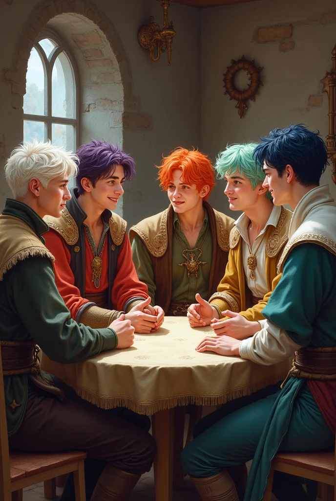 Create a painting of five 27-year-old men with medieval appearance and clothing who are happily chatting around a table. The first one has platinum hair, light grey eyes and pale skin. The second one has dark purple hair, emerald green eyes and pale cinnamon skin. The third one has bright orange hair, amber or golden eyes and warm skin. The fourth has pale mint green hair , Dark grey eyes and pale pale skin. Finally the fifth has dark blue hair, Light blue eyes and fresh skin.