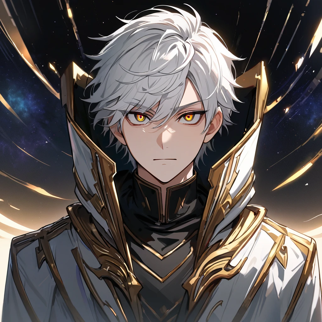 High quality, HD, 4k, no shadows, handsome male, 1male, , teenager, short white hair, silver hair, white hair, sharp eyes, dark golden colored eyes, deep golden eyes, dark gold eyes, gold eyes, devil may cry, close up, calm expression, stoic expression, black leather clothes, white leather clothing, lean body, well trained body, looking at viewer, cowboy shot, white solar, space background