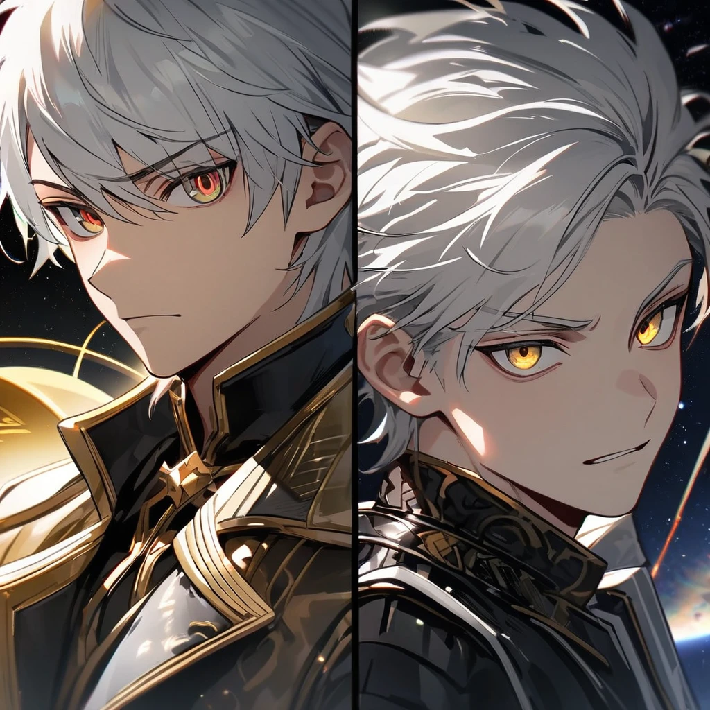 High quality, HD, 4k, no shadows, handsome male, 1male, 17 years old, teenager, short white hair, silver hair, white hair, sharp eyes, dark golden colored eyes, deep golden eyes, dark gold eyes, gold eyes, devil may cry, close up, calm expression, stoic expression, black leather clothes, white leather clothing, lean body, well trained body, looking at viewer, cowboy shot, white solar, space background