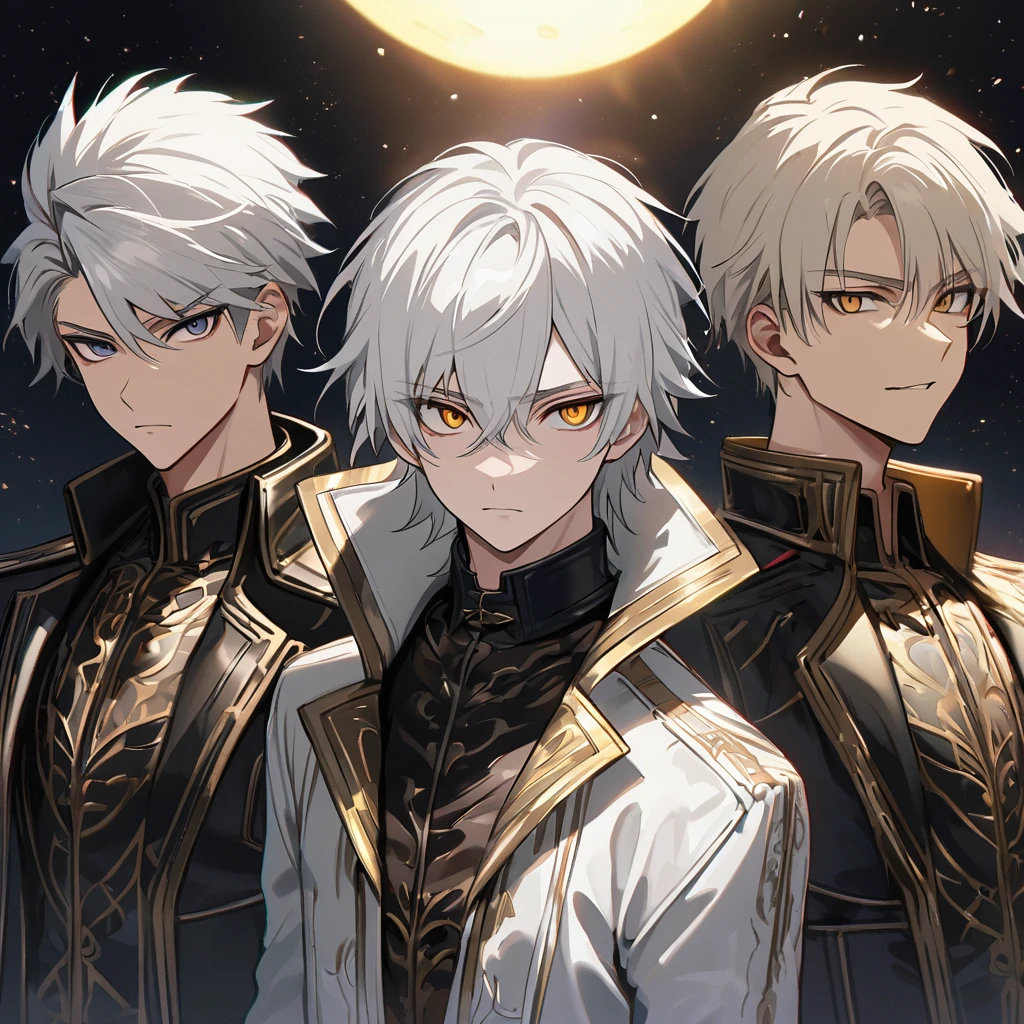 High quality, HD, 4k, no shadows, handsome male, 1male, , teenager, shwhite hair, silver hair, white hair, sharp eyes, dark golden colored eyes, deep golden eyes, dark gold eyes, gold eyes, devil may cry, close up, calm expression, stoic expression, black leather clothes, white leather clothing, lean body, well trained body, looking at viewer, cowboy shot, white solar, space background