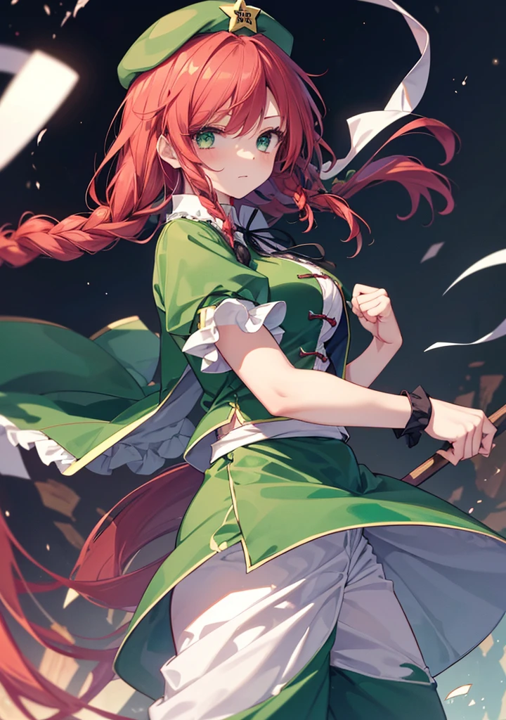1girl, hong meiling (Touhou), green eyes, long hair, red hair, twin braids, chinese clothes, green headwear, beret, white shirt, green vest, green skirt, green dress, collared dress, puffy short sleeves, frilled sleeves, black ribbon, neck ribbon, white pants, star (symbol), black bow, hair bow,((Touhou Project)),(((Gatekeeper of the Scarlet Devil Mansion))),(((Wearing fighting spirit))),(((Awakened Aura)))