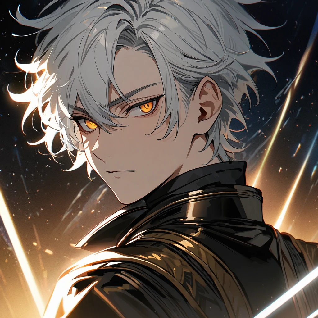 High quality, HD, 4k, no shadows, handsome male, 1male, s old, teenager, short white hair, silver hair, white hair, sharp eyes, dark golden colored eyes, deep golden eyes, dark gold eyes, gold eyes, devil may cry, close up, calm expression, stoic expression, black leather clothes, white leather clothing, lean body, well trained body, looking at viewer, cowboy shot, white solar, space background