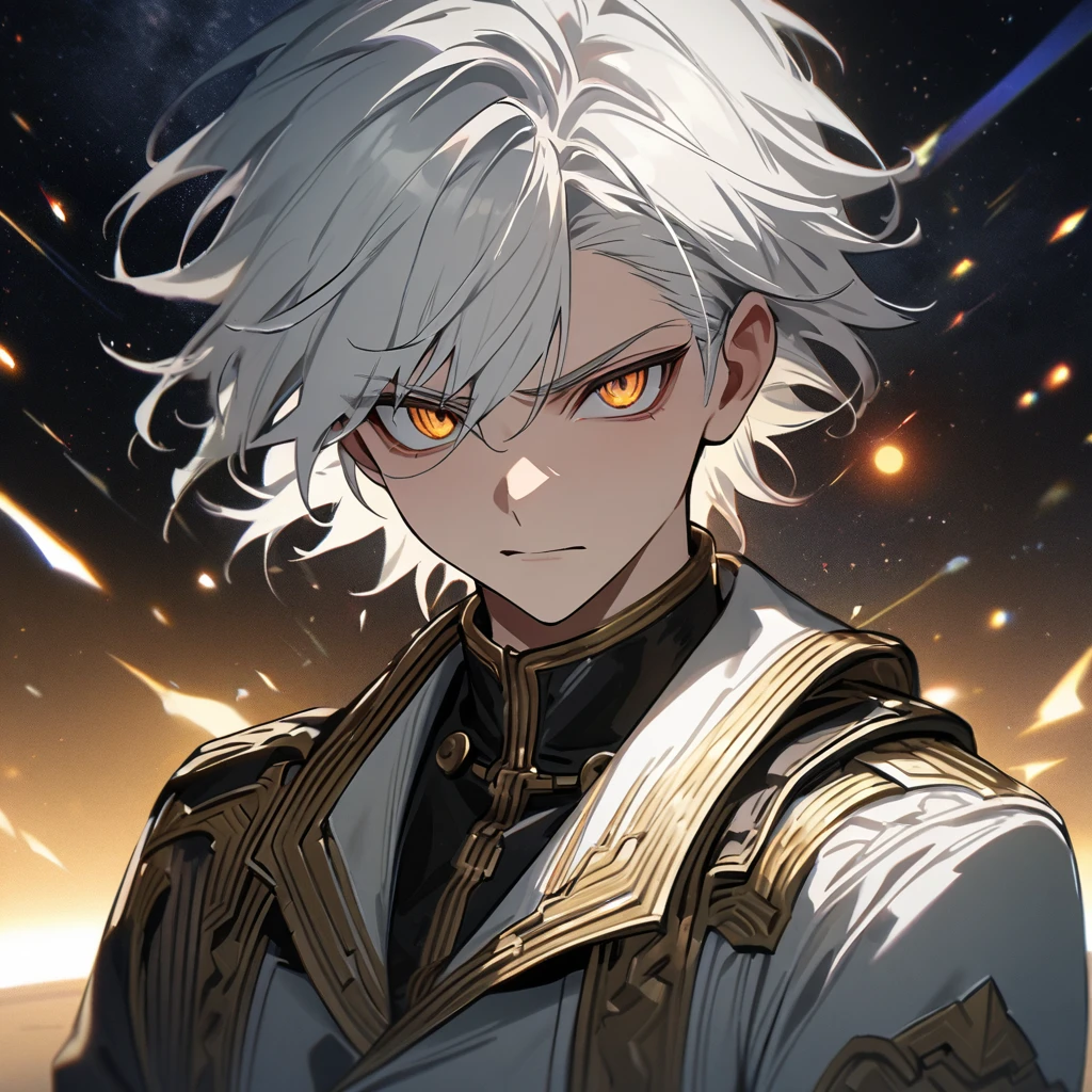 High quality, HD, 4k, no shadows, handsome male, 1male, 17 years old, teenager, short white hair, silver hair, white hair, sharp eyes, dark golden colored eyes, deep golden eyes, dark gold eyes, gold eyes, devil may cry, close up, calm expression, stoic expression, black leather clothes, white leather clothing, lean body, well trained body, looking at viewer, cowboy shot, white solar, space background