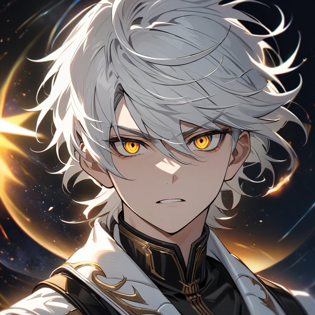 High quality, HD, 4k, no shadows, handsome male, 1male, 17 years old, teenager, short white hair, silver hair, white hair, sharp eyes, dark golden colored eyes, deep golden eyes, dark gold eyes, gold eyes, devil may cry, close up, calm expression, stoic expression, black leather clothes, white leather clothing, lean body, well trained body, looking at viewer, cowboy shot, white solar, space background