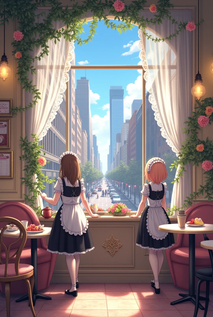 The interior of a maid cafe in the city、You can see the outside view from the window