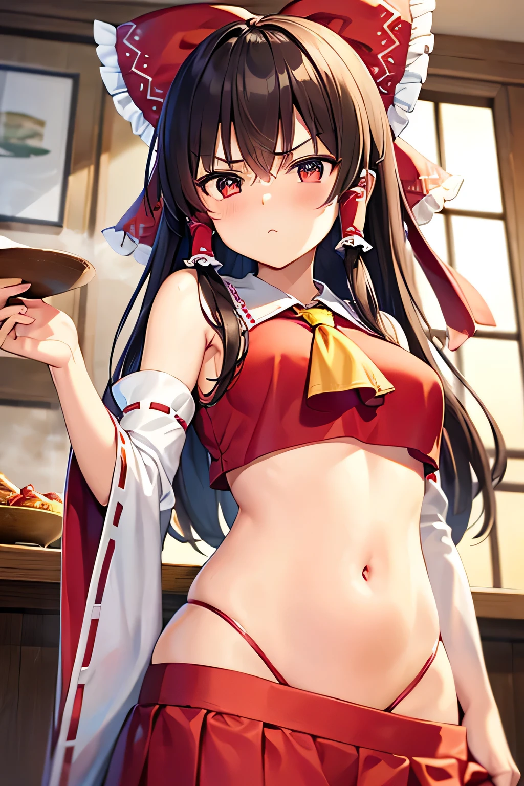 super fine illustration, vibrant colors, masterpiece, sharp focus, best quality, depth of field, cinematic lighting, ultra detailed, blush, belly button, bellybutton, navel, tummy, shrine maiden, hakurei reimu, 1girl, hair bow, ascot, hair tubes, detached sleeves, red shirt, red skirt, long skirt, long hair, dark brown hair, indoors, mature woman, ,hakurei reimu, 1girl, hair bow, ascot, hair tubes, miko, detached sleeves, Reimu Hakurei, angry, looking down, hand on own stomach, food, table, steam, medium breasts, pouting