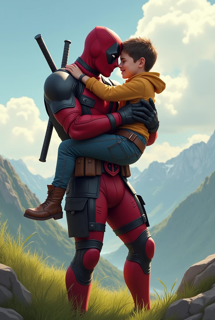 A cool Deadpool wallpaper in which Deadpool is carrying a smart and a bit tall 14 year old boy in his arms and they are Happy and kind of sexy and Deadpool is loving him realistic (brittness 50) and they are at heights and the boy is smart and Deadpool is trying kissing him or trying touching the nose from his nose and they are at heights full body and they are very happy and at the peak of a mountain full of grass and clear wether