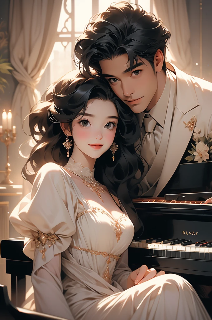a man and a woman are sitting on top of a piano together, 1boy, realistic, black hair, 1girl, smile