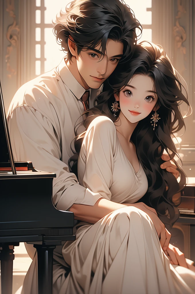 a man and a woman are sitting on top of a piano together, 1boy, realistic, black hair, 1girl, smile