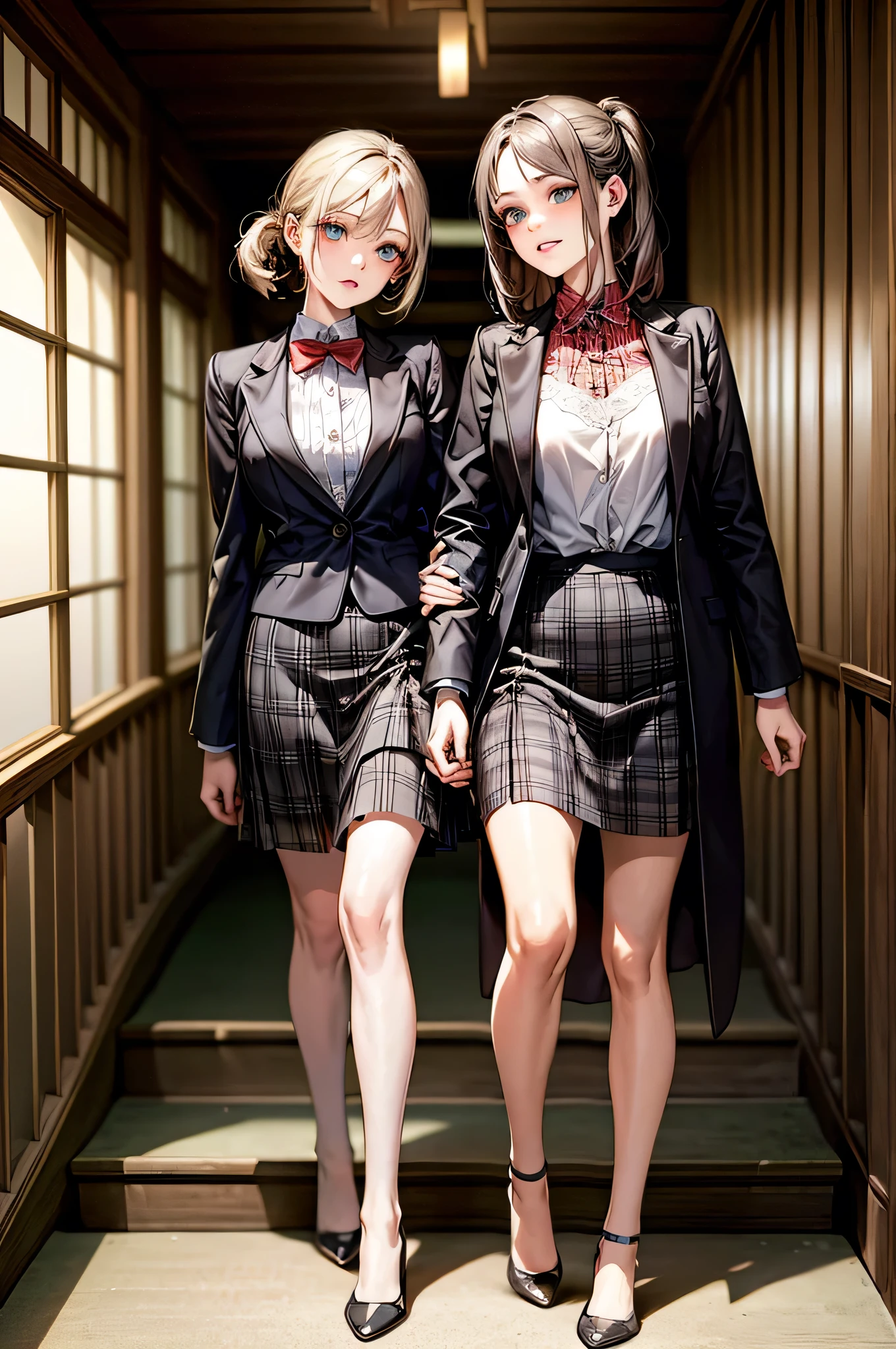 (Biologically correct limb count),Full body, including face,4K,Focus on the masterpiece face,Well-proportioned facial features,Delicate descriptive eyes,(One beautiful woman),(Red Shirt,Black jacket,black plaid skirt),(Grin),Photos with white borders,looking at the camera,Kiyomizu-dera Temple Walking,Walking down the stairs,((High heels))