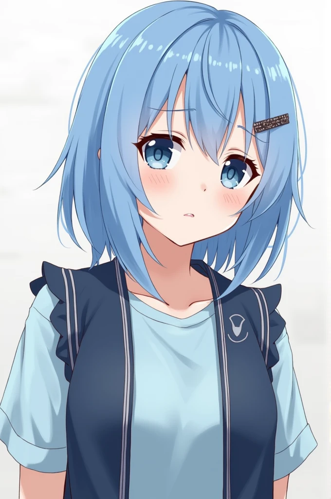 Blue hair with a brooch, clear skin, blue eyes, a light blue t-shirt, Navy blue rolled up vest, short gris