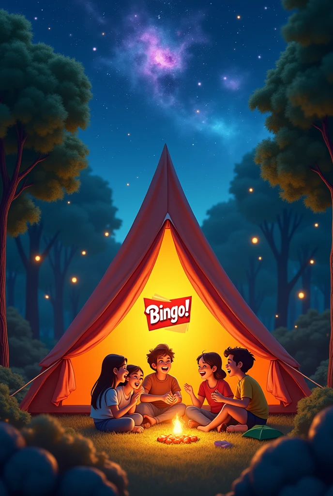 High angle view, A (A frame Tent) that is branded with with Red Colour Bingo! Tomoatto Chips, A group of (happy friends laughing: 1.9) )they are sharing (Bingo! chips: 3.1), Bingo! chips is an Indian brand, There are four characters, The camp is inside a forest, neat out line, detailed, White background, wide aspect ratio, fairy tale style, fairy tale style, hand-drawn, 3D pixar style, (Warm light source:1.2), (fire Fly:2.2), (nebula:1.3), 4K, Super detailed, (Dynamic configuration:1.4), HD Pixar detailed, Colorful details, (masterpiece:1.2), (highest quality),
