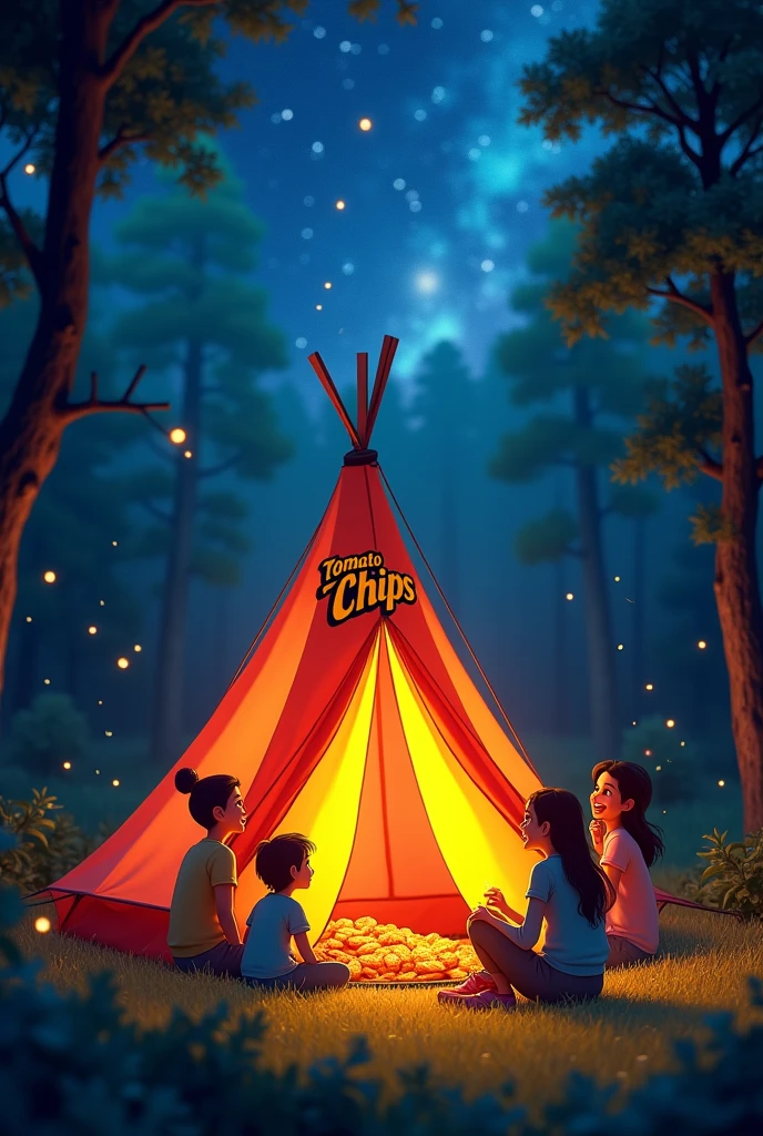 High angle view, A (A frame Tent) that is branded with with Red Colour Bingo! Tomoatto Chips, A group of (happy friends laughing: 1.9) )they are sharing (Bingo! chips: 3.1), Bingo! chips is an Indian brand, There are four characters, The camp is inside a forest, neat out line, detailed, White background, wide aspect ratio, fairy tale style, fairy tale style, hand-drawn, 3D pixar style, (Warm light source:1.2), (fire Fly:2.2),  (nebula:1.3), 4K, Super detailed, (Dynamic configuration:1.4), HD Pixar detailed, Colorful details, (masterpiece:1.2), (highest quality),