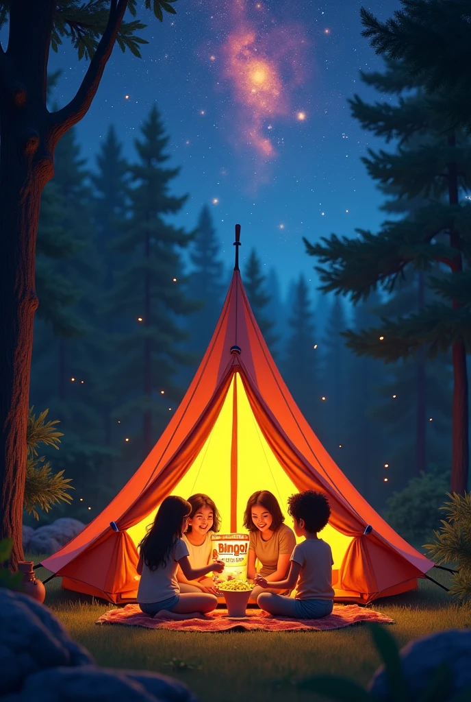 High angle view, A (A frame Tent) that is branded with with Red Colour Bingo! Tomoatto Chips, A group of (happy friends laughing: 1.9) )they are sharing (Bingo! chips: 3.1), Bingo! chips is an Indian brand, There are four characters, The camp is inside a forest, neat out line, detailed, White background, wide aspect ratio, fairy tale style, fairy tale style, hand-drawn, 3D pixar style, (Warm light source:1.2), (fire Fly:2.2),  (nebula:1.3), 4K, Super detailed, (Dynamic configuration:1.4), HD Pixar detailed, Colorful details, (masterpiece:1.2), (highest quality),
