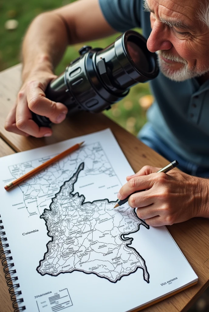 Here is the image you requested:

[An image showing a grandfather with a telescope, A black and white map of Colombia to color, a pencil and a notebook.]

This image represents a grandfather with a telescope, along with some educational materials such as a black and white map of Colombia so the grandson can color it, a pencil and a notebook. This suggests a scene of learning and exploration, where the grandfather may be teaching his grandson about geography, astronomy or other topics. The combination of elements such as the telescope and drawing and writing materials creates an environment of discovery and curiosity.