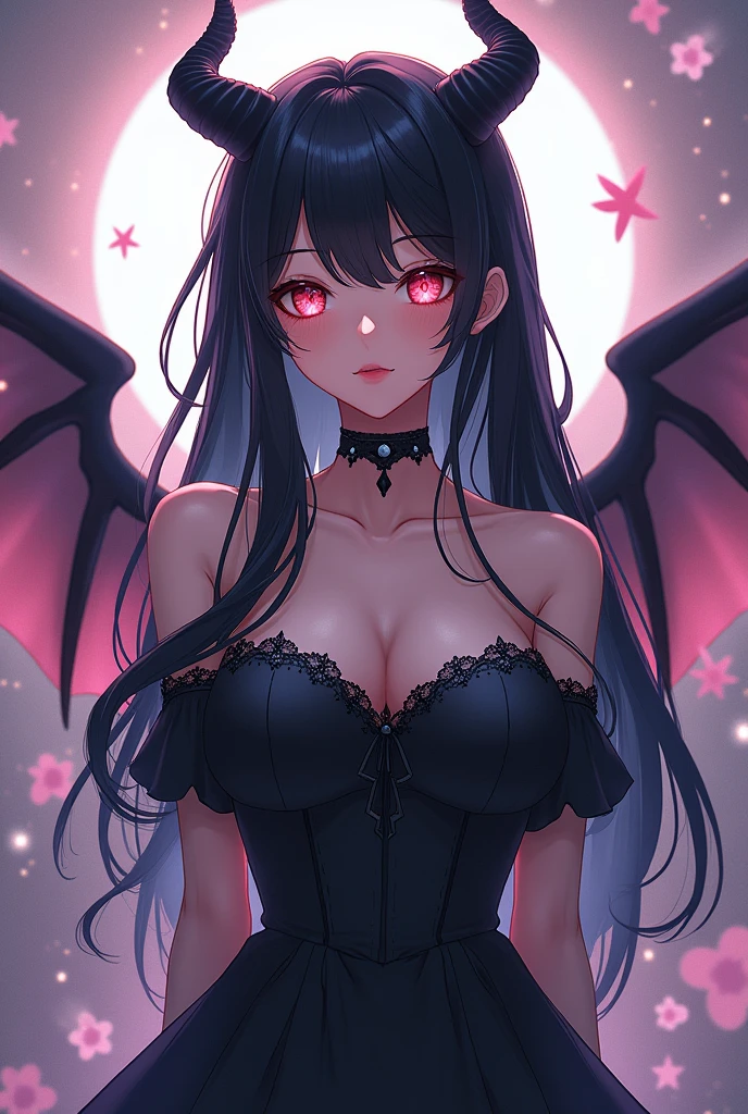 Ultra-high resolution, Clear face, （Reality： 1.4）, perfect lighting,(photorealistic), anime wallpaper, Guviz style artwork, fantasy to magic cover, beautiful artwork illustration, beautiful digital artwork, beautiful digital illustration , beautiful portraits, illustrations, delicate and beautiful, highly detailed, fine details, official art, highly detailed unity 8k CG wallpapers, highly detailed, high resolution, highly detailed, highly detailed eyes and faces, beautifully detailed eyes, cinematic lighting,1girl, solo, long hair, black hair, Twin horns, dress, black dress, wings, standing, (upper body), anime, pastel,