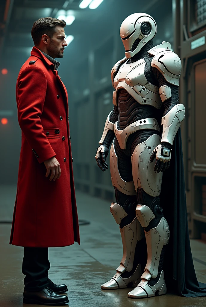 Creates a guy wearing a red coat looking at a technological armor