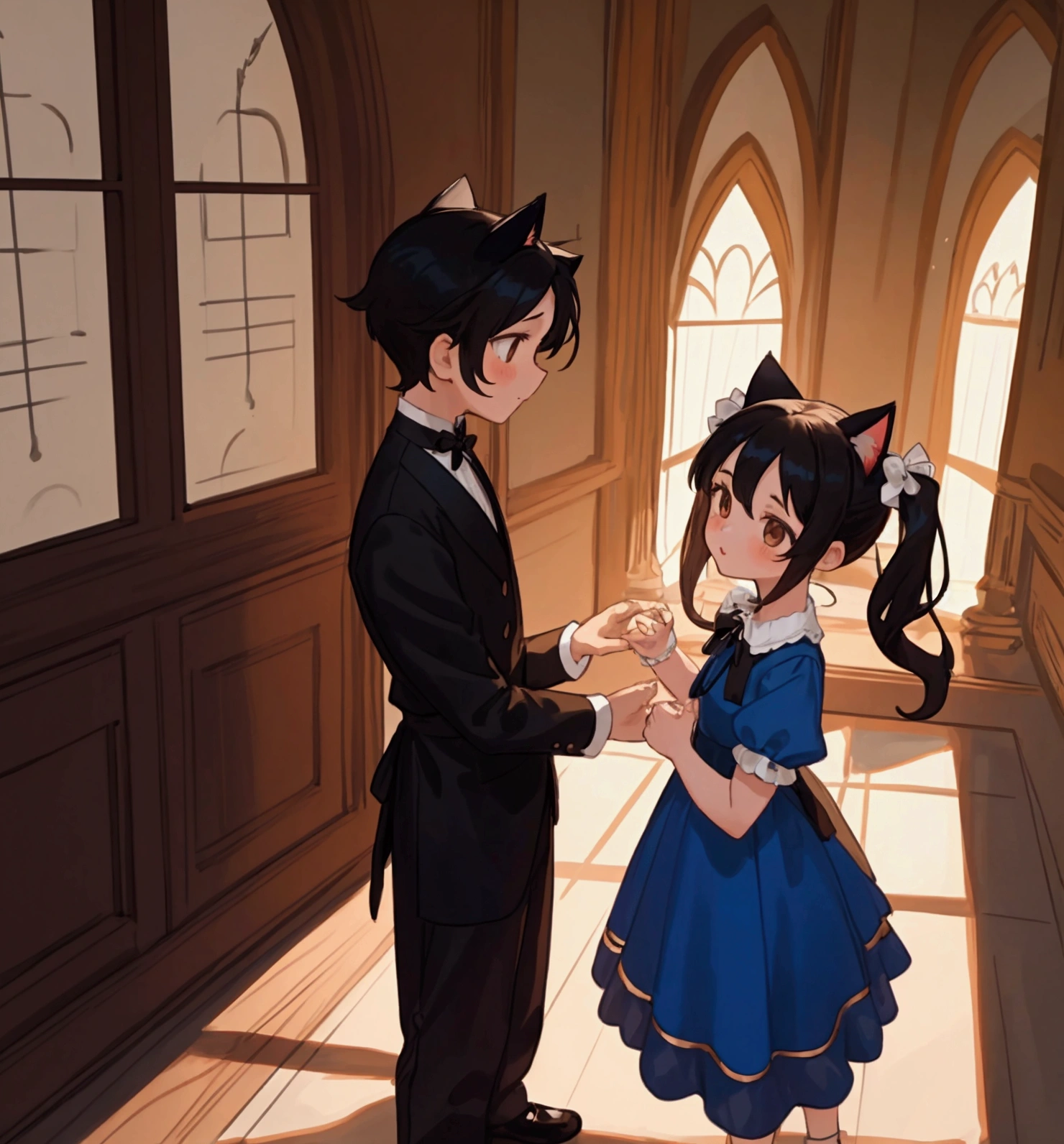 two , a boy and a cute beautiful girl in the palace, girl with a beautiful blue dress with red details twintails black hair and brown eyes; boy in black and white butler outfit, blackquality hair, cat ears and brown eyes, happy girl and shy boy