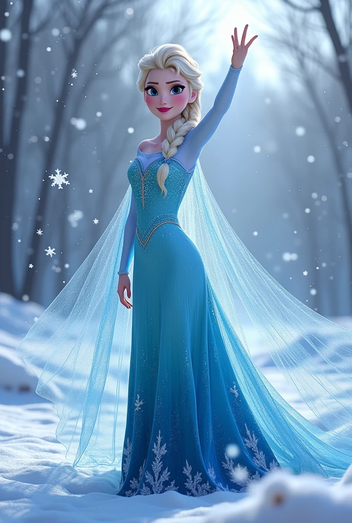 Elsa stands in a wintry landscape, her iconic icy blue gown cascading elegantly around her. The dress sparkles with frost-like shimmer, and the flowing cape trails behind her like a glistening veil of snow. Her platinum blonde hair is styled in a sophisticated braid, accentuating her regal and poised demeanor. As she raises her hand, delicate snowflakes swirl in the air, embodying the magic and majesty of her frosty powers. The backdrop of snow-covered trees and a crystal-clear sky further highlights her ethereal presence.
