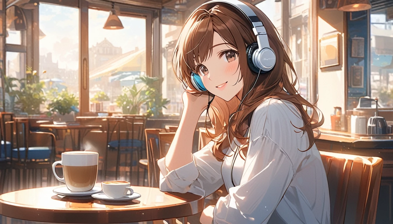 (Brown-haired girl wearing headphones), (Enjoy a coffee at a café), (Very detailed, masterpiece, Highest quality, bright), (Anime Style)
background: Calm cafe interior look: Calm and relaxed smiling outfit: Casual white blouse and denim pants pose: Holding a coffee cup in both hands、Scene of sitting comfortably in a chair: Soft morning light coming in through the window