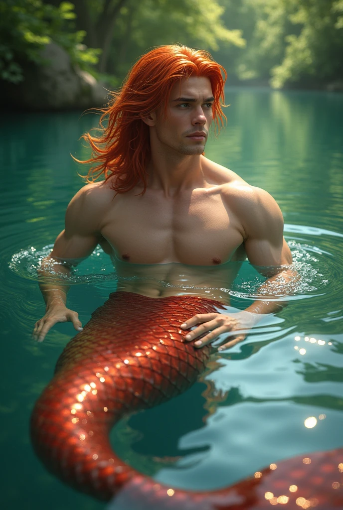 a handsome male mermaid, long light red hair, light red tail, sharp green eyes, đang ở trong hồ