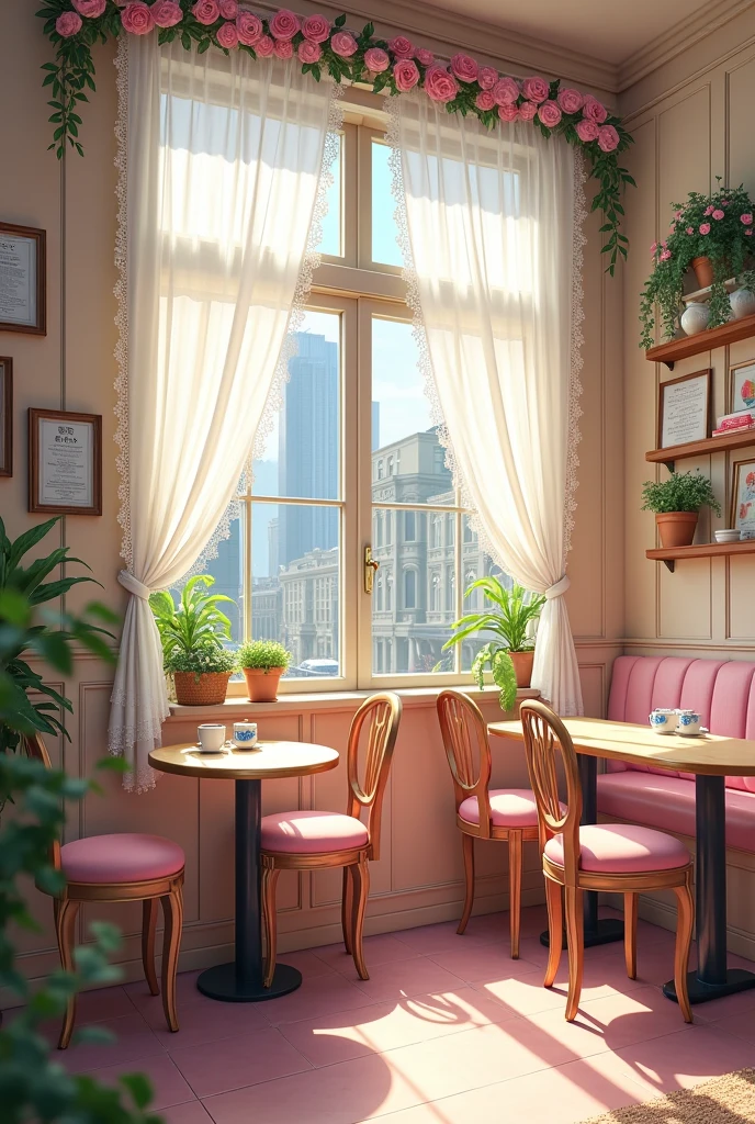 The interior of a maid cafe in the city、I can see the view outside from the window, but there's no one there