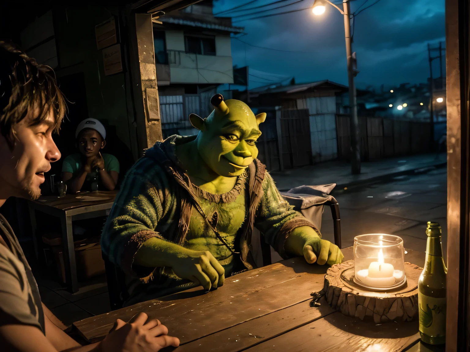 shrek bandit wearing ninja hood in brazilian night favela