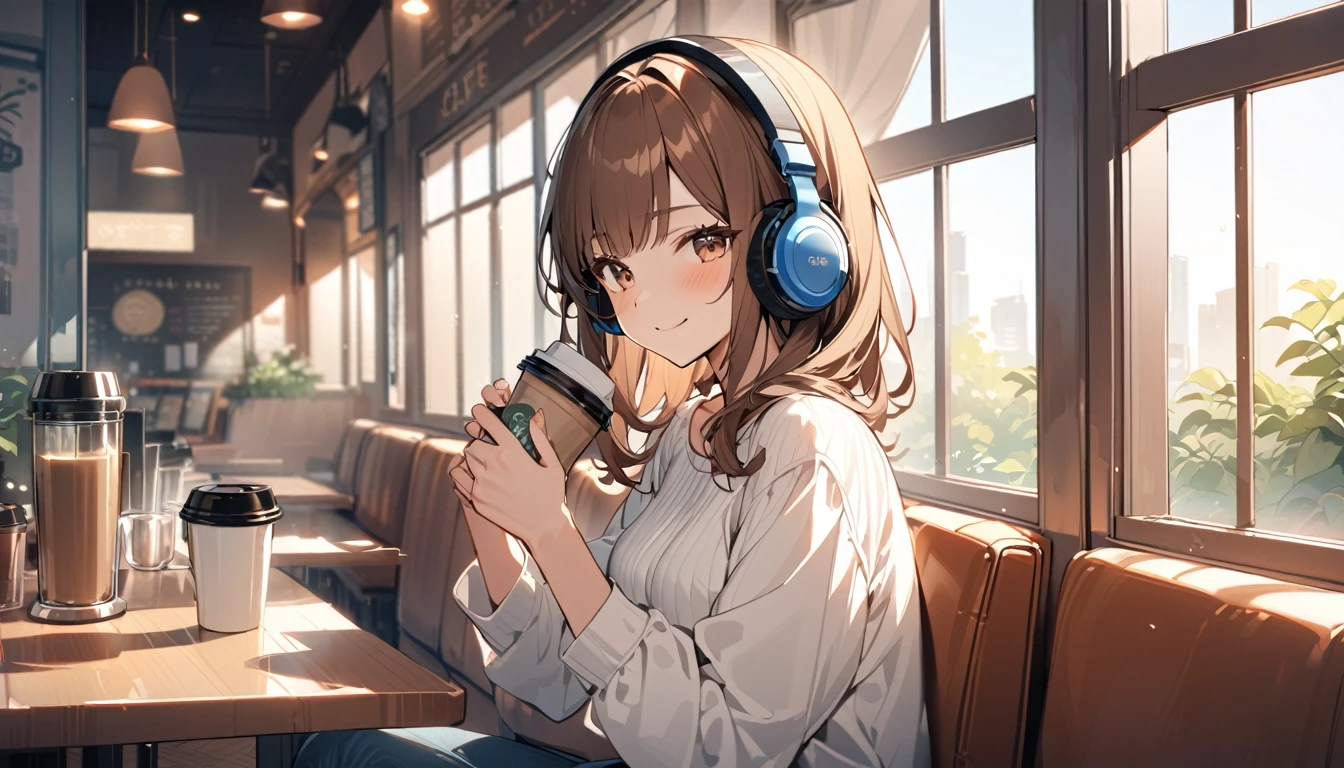 (Brown-haired girl wearing headphones), (Enjoy a coffee at a café), (Very detailed, masterpiece, Highest quality, bright), (Anime Style)
background: Calm cafe interior look: Calm and relaxed smiling outfit: Casual white blouse and denim pants pose: Holding a coffee cup in both hands、Scene of sitting comfortably in a chair: Soft morning light coming in through the window
