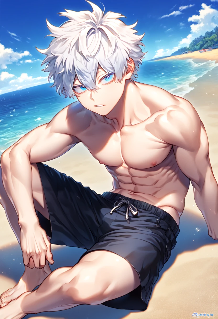 absurdres, highres, ultra detailed, HDR, master piece, best quality, detailed eyes, extremely detailed, delicated features, Gojou Satoru, white hair, messy hair, hair between the eyes, expressive blue eyes, white long eyelashes, Boku No Hero Academia, solo, sexy man sitting, handsome, sensual, manly man, erotic, bare chest, black shorts, summer, sea, beach, blue sky