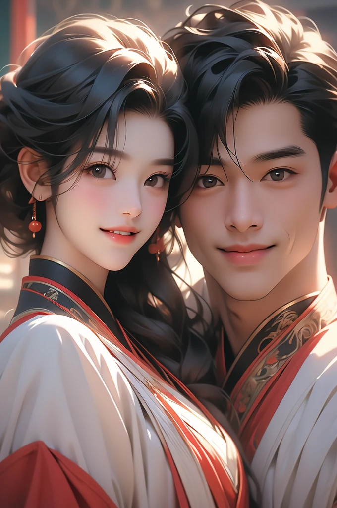 an asian male has a smile and a woman is next to him, 1boy, realistic, black hair, 1girl, smile